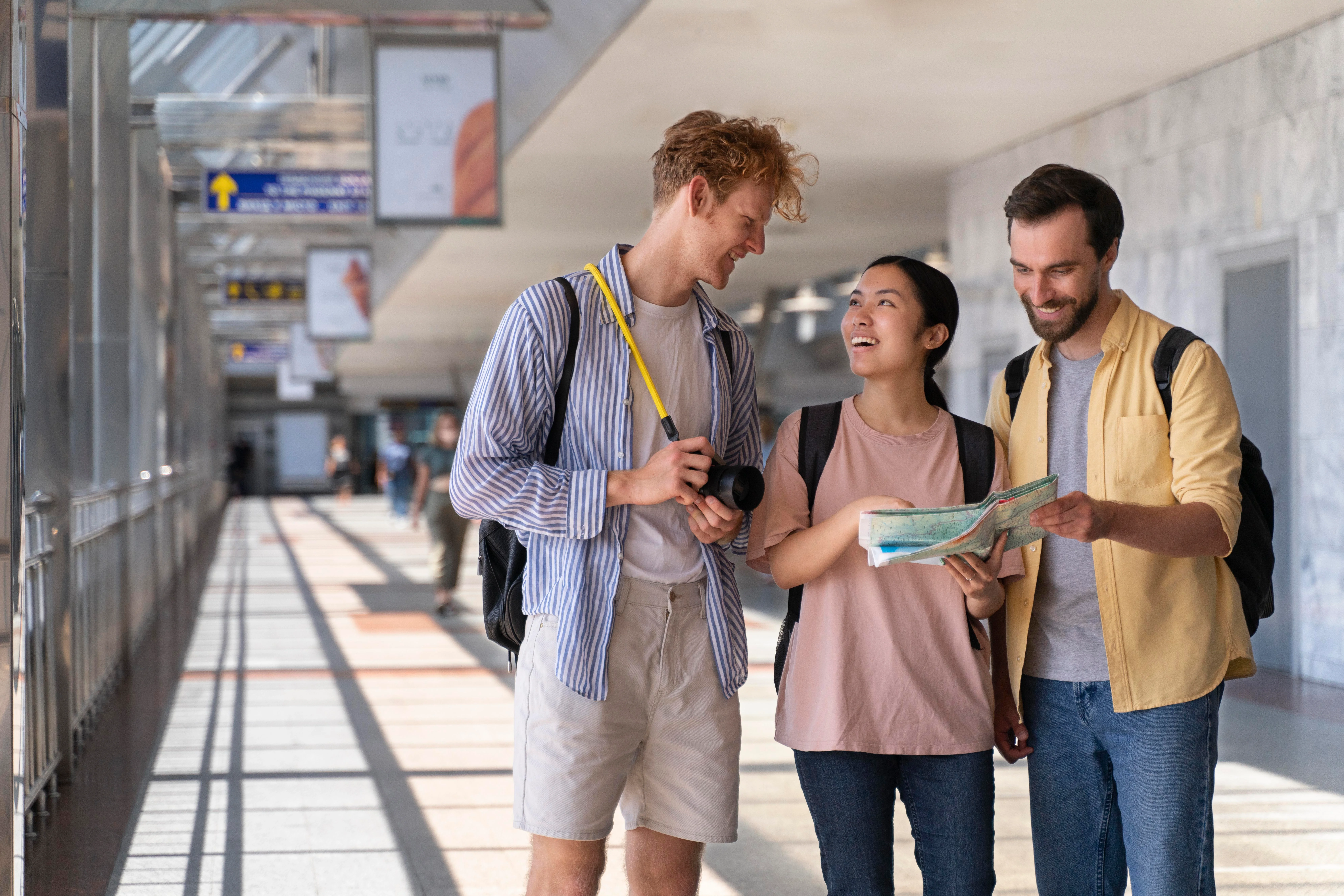 Students with luggage at airport